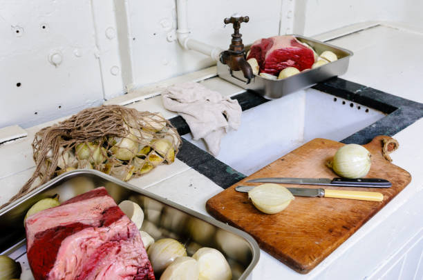 Food being prepared in a ship's galley.