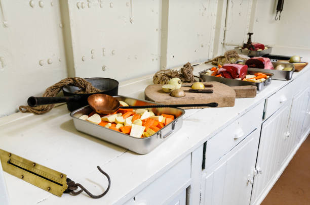 Food being prepared in a ship's galley.