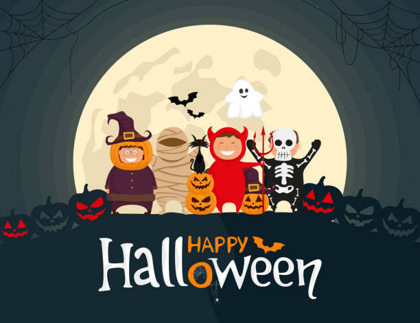 ilustrações de stock, clip art, desenhos animados e ícones de happy halloween kids in costumes on the moonlight background. - halloween witch child pumpkin