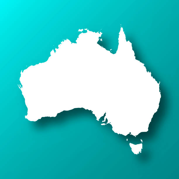 ilustrações, clipart, desenhos animados e ícones de mapa de austrália no fundo verde azul com sombra - australia
