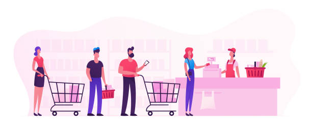 Customers Stand in Line at Grocery or Supermarket Turn with Goods in Shopping Trolley Put Buys on Cashier Desk for Paying. Purchases, Sale Consumerism, Queue in Store Cartoon Flat Vector Illustration Customers Stand in Line at Grocery or Supermarket Turn with Goods in Shopping Trolley Put Buys on Cashier Desk for Paying. Purchases, Sale Consumerism, Queue in Store Cartoon Flat Vector Illustration groceries illustrations stock illustrations