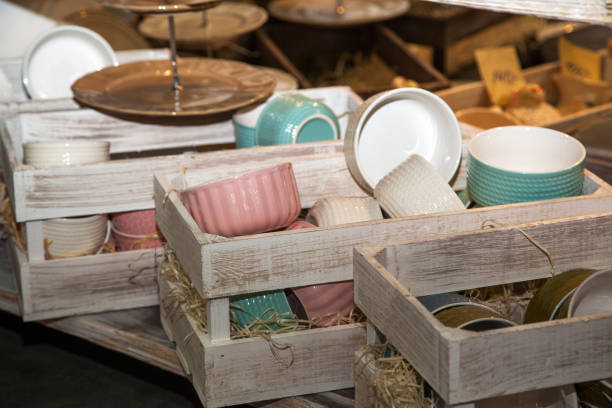 istock set of ceramic tableware in wooden boxes in kitchen 1166018961