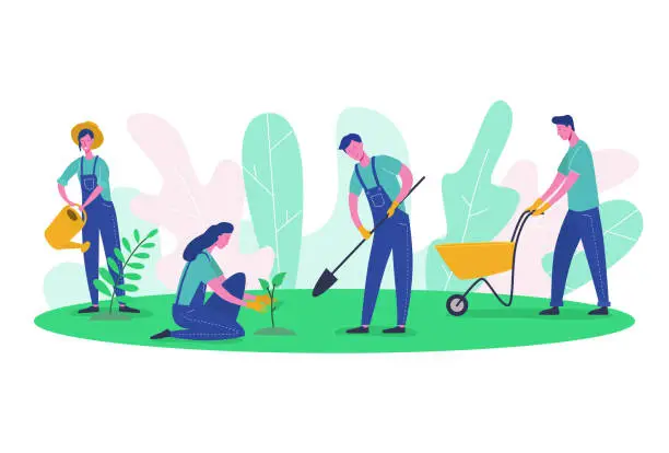 Vector illustration of People characters Gardener and Farmer Work in Garden. Woman Harvest Tree, Female Planting green, Man digging. Flat Cartoon Vector Illustration clean ecology and garden tools