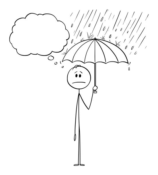 ilustrações de stock, clip art, desenhos animados e ícones de vector cartoon of man or businessman standing in rain or storm and holding umbrella - protection umbrella people stick figure