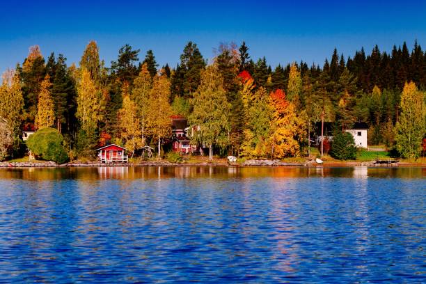 Autumn foliage, fall colorful forest over blue lake with red cabins in Finland. Autumn foliage, fall colorful forest over blue lake with red wooden cabins in Finland.Autumn foliage, fall colourful forest over blue lake with red wooden cabins in Finland. swedish sauna stock pictures, royalty-free photos & images