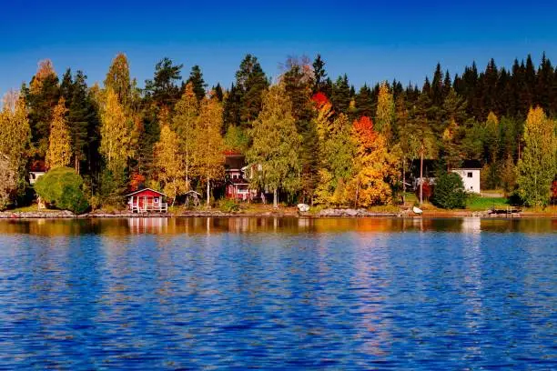 Photo of Autumn foliage, fall colorful forest over blue lake with red cabins in Finland.