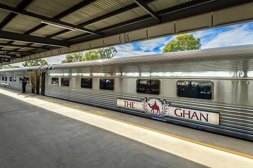 Adelaide Parklands Terminal, South Australia - August 4, 2019: The Ghan train ready to depart for its 90th anniversary special service from Adelaide to Darwin through Alice Springs