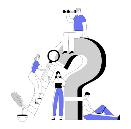 Business People around Huge Question Mark Searching Information with Magnifying Glass Laptop Tablet and Binoculars. Frequently Asked Questions Concept Cartoon Flat Vector Illustration, Line Art Style