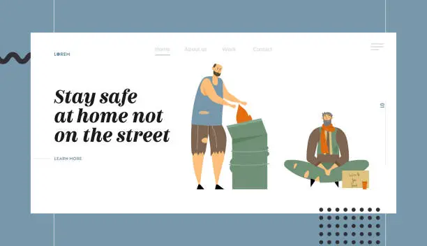 Vector illustration of Homeless People Website Landing Page, Characters Begging Money and Need Help, on Street, Man in Ragged Clothes Lost Work, Bagger Warming at Fire Web Page. Cartoon Flat Vector Illustration, Banner