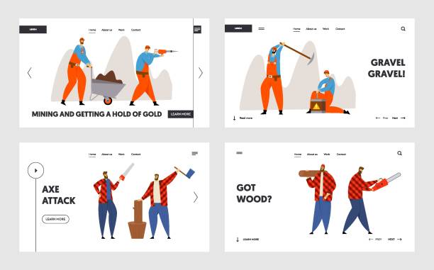 木こりと鉱夫職業ジョブウェブサイトランディングページセット。斧と鋸で働く木材ジャック、ピカックスとダイナマイト鉱業石炭ウェブページバナーを持つ労働者。漫画フラットベクトル� - equipped点のイラスト素材／クリップアート素材／マンガ素材／アイコン素材