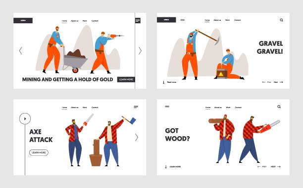 ilustrações de stock, clip art, desenhos animados e ícones de woodcutters and miners occupation job website landing page set. lumberjacks working with axe and saw, workers with pickaxe and dynamite mining coal web page banner. cartoon flat vector illustration - equipped