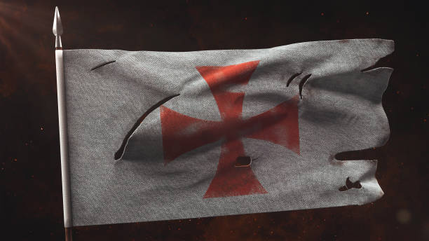 Old torn templar flag waving on the spear. Old Torn Knight War Banner on the spear. Damaged templar flag 3D illustration knights templar symbols stock pictures, royalty-free photos & images