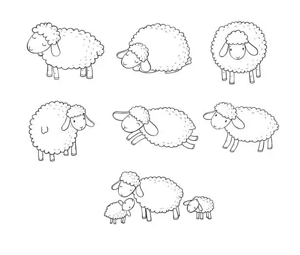 Vector illustration of Cute cartoon sheep set. Farm animals. Funny lambs. good night sweet dreams