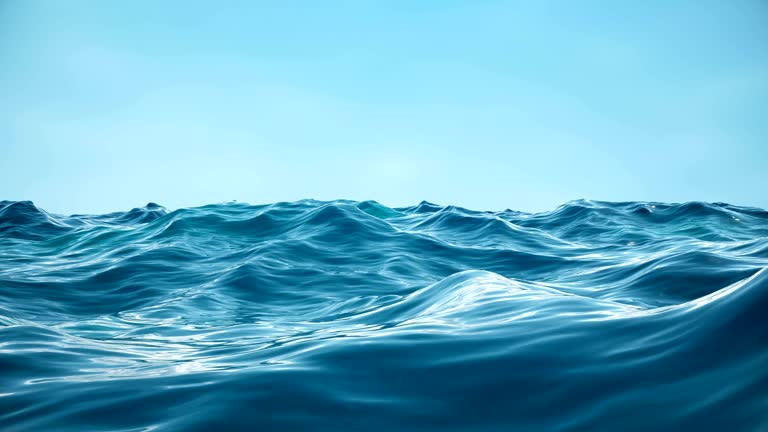 Sea or ocean, waves close-up view. Blue waves sea water. Blue crystal clear water. One can see the sandy seabed. Sea wave low angle view. 3D 4K animation