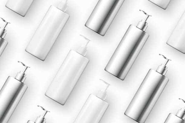 vektor-vorlage realistische kosmetische shampoo-flaschen - white background horizontal selective focus silver stock-grafiken, -clipart, -cartoons und -symbole