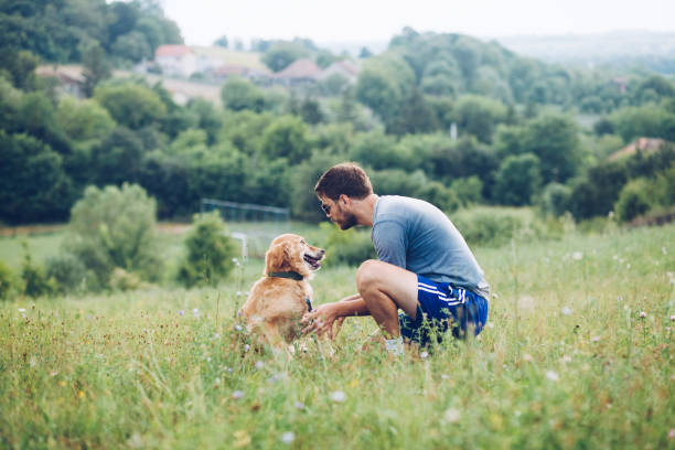 istock Guy and his dog, golden retriever, nature 1166031949