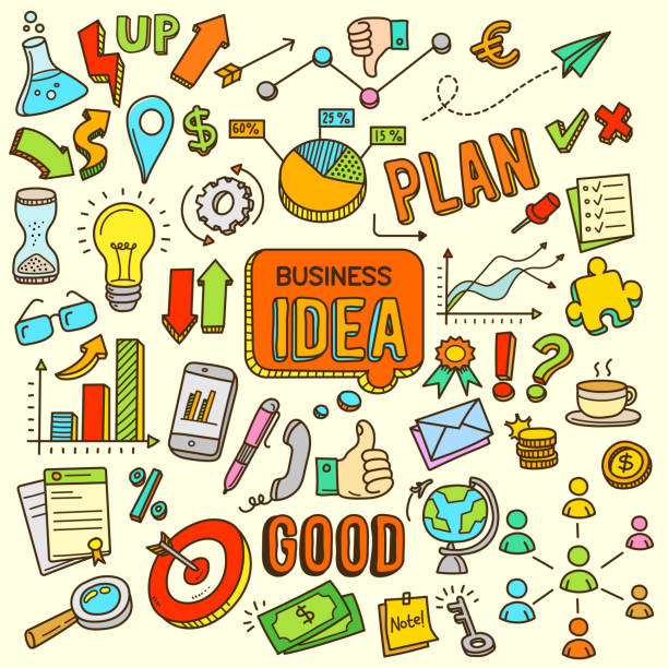 Business Idea Cartoon Color Doodle Vector Illustration Business idea hand drawn vector doodle illustration in color. drawing of a advanced math formulas stock illustrations