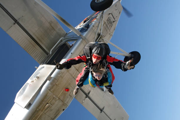Skydive tandem on a cold and dry day. stock photo