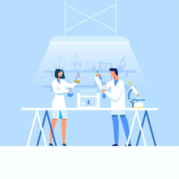 Man and Woman Scientists Developing New Medication Man and Woman Scientists Developing New Medication. Doctors in Uniform Working with Liquids in Flasks and Testing Tubes at Research Laboratory. New Pharmaceuticals Creation. Vector Flat Illustration pharmacist cartoon stock illustrations