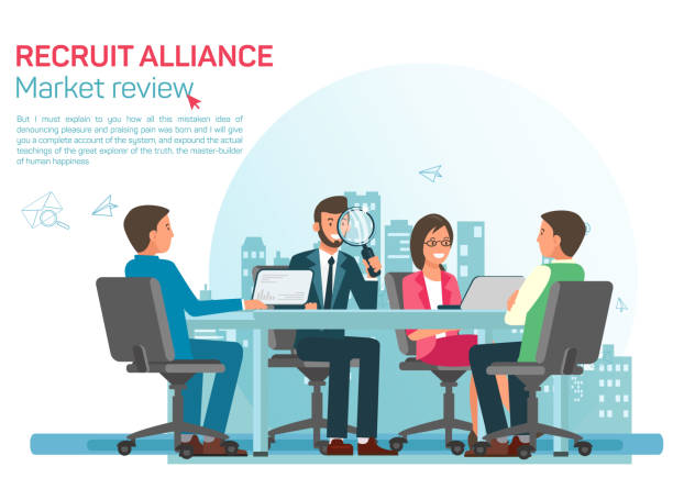 Labour Market Review Flat Vector Banner Template Labour Market Review Flat Vector Banner Template. Recruiting Alliance Job Search Services Advertising. HR Experts Analysing Relevant Candidates, Selecting Suitable Applicants at Interview interview event drawings stock illustrations