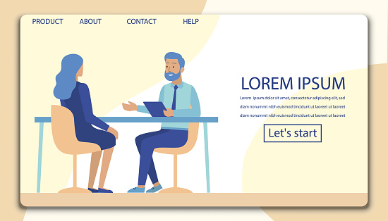 Interview, Negotiation, Meeting Flat Landing Page Mockup. Cartoon Man and Woman Characters Having Business Conversation. HR Manager and Job Seeker Sitting at Office Table. Vector Illustration