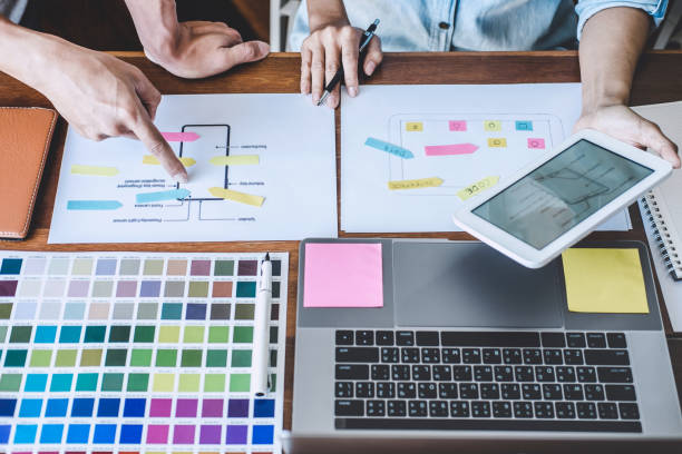 istock Team of Creative Web/Graphic Designer planning, drawing website ux app for mobile phone application and development template layout, process to developing prototype wireframe, User experience concept 1166037410