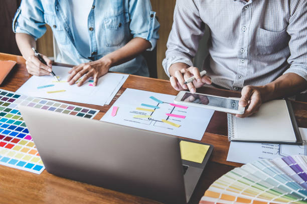 istock Team of Creative Web/Graphic Designer planning, drawing website ux app for mobile phone application and development template layout, process to developing prototype wireframe, User experience concept 1166037537