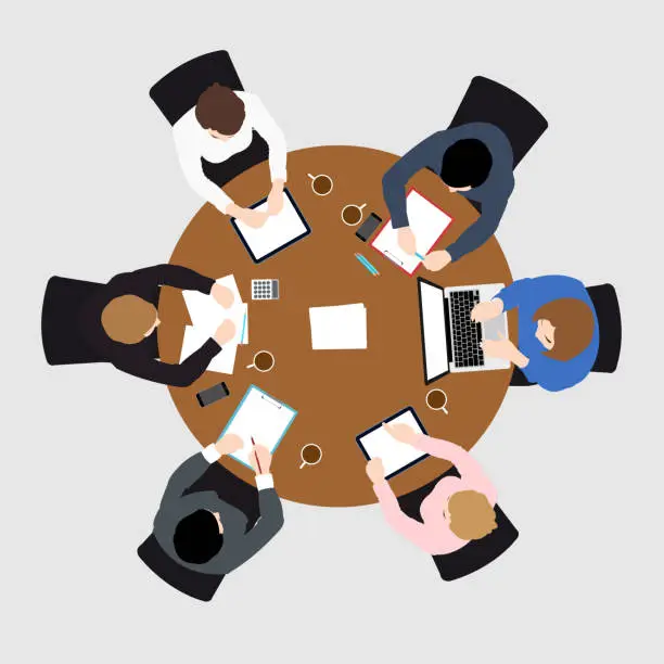 Vector illustration of business meeting top view on brown circle  table.