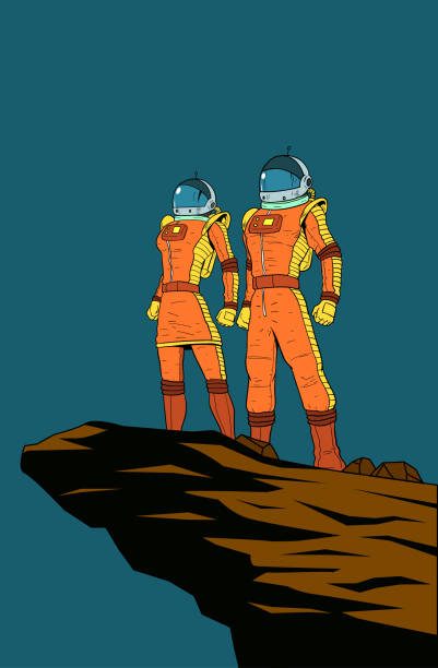 ilustrações, clipart, desenhos animados e ícones de pares retros do astronauta do vetor em uma ilustração do poster da rocha do penhasco - men retro revival 1950s style comic book