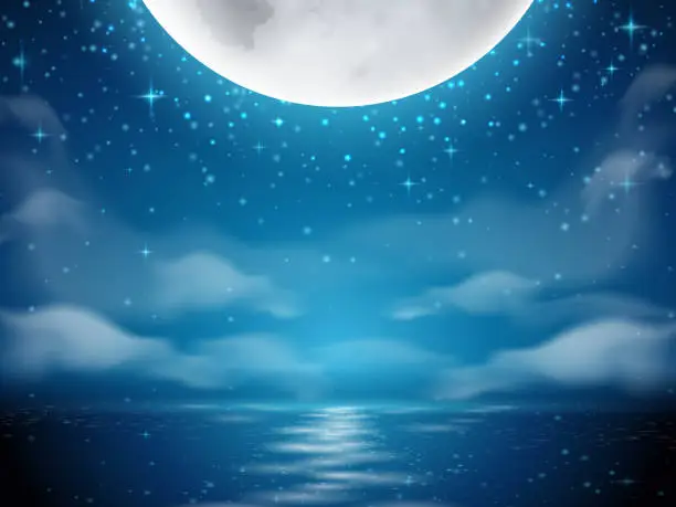 Vector illustration of Night background with moon and sea. Dark background with moon reflection on ocean, river water. Romantic sky with clouds scene. Mystery midnight wallpapers. Evening or dusk lake. Seascape horizon