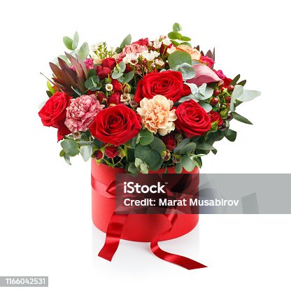 istock Beautiful bouquet in a red box on white 1166042531