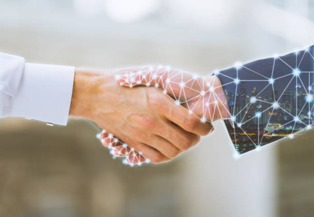 istock Business man handshake and network connection graphic 1166044089