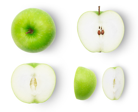 Set of ripe whole and half and slice green apples isolated on white background with clipping path