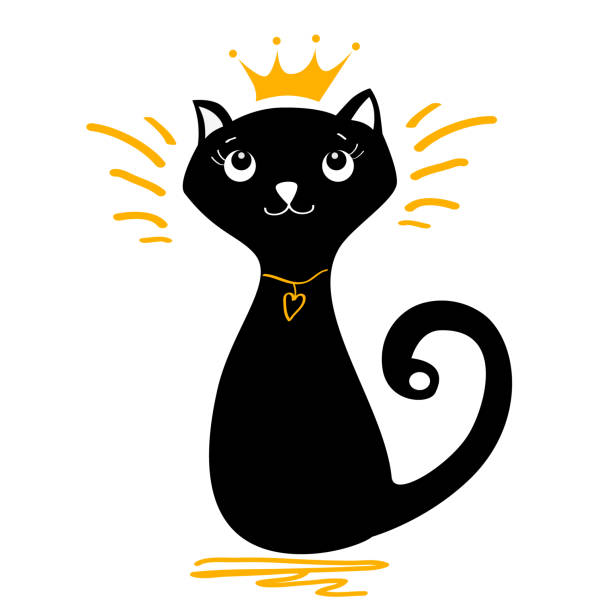 Cat king Vector illustration of a black cat with a crown on his head and with a necklace on his neck black princess stock illustrations