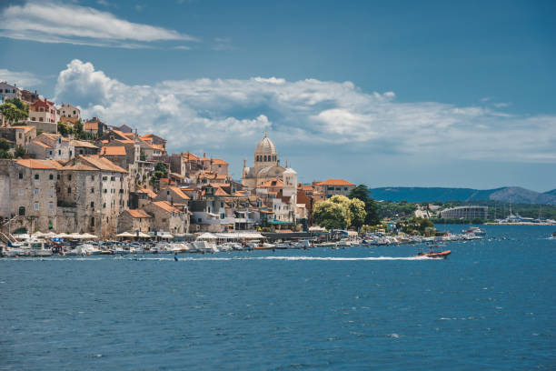 panoramic view over water on historic town of Sibenik in Croatia