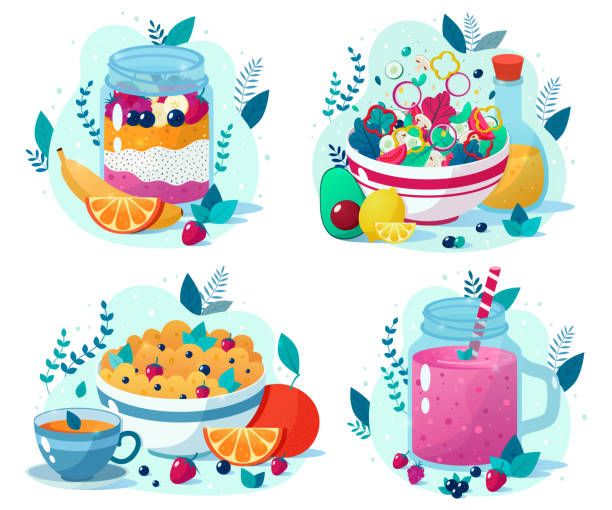 Set of four beatiful healthy food vector illustrations: berry smoothie, vegetable salad, chia seed pudding, oatmeal with cup of tea. Healthy eating strawberry salad stock illustrations