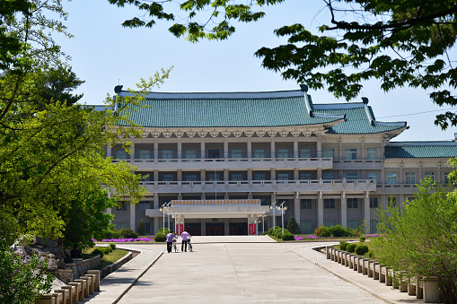 Kaesong, North Korea - May 5, 2019: Modern building of the Koryo Songgyungwan University or University of Light Industry is an educational institution in North Korean city of Kaesong