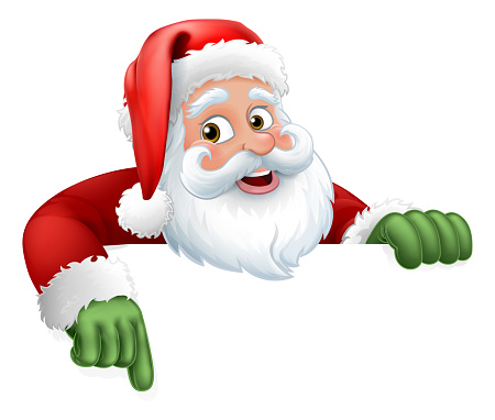 Santa Claus Christmas cartoon character above a sign pointing at it