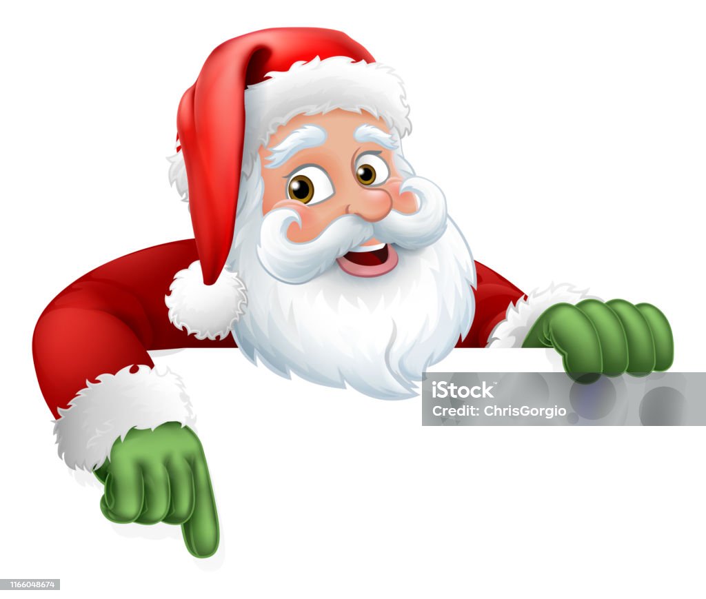 Santa Claus Christmas Cartoon Character Santa Claus Christmas cartoon character above a sign pointing at it Santa Claus stock vector