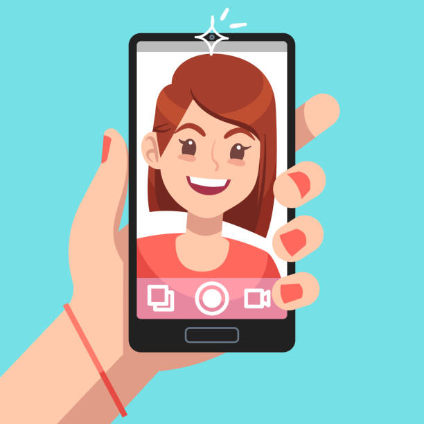 illustrations, cliparts, dessins animés et icônes de selfie de femme. belle fille prenant le portrait de visage d'auto-photo sur le smartphone. concept de vecteur de dessin animé de dépendance de caméra de téléphone - telephone communication human hand red