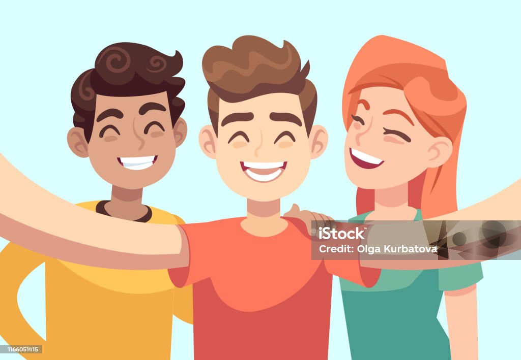 Selfie With Friends Friendly Smiling Teenagers Taking Group Photo Portrait  Happy People Vector Cartoon Characters Stock Illustration - Download Image  Now - iStock
