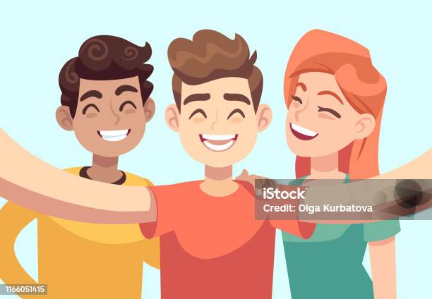 Selfie With Friends Friendly Smiling Teenagers Taking Group Photo Portrait  Happy People Vector Cartoon Characters Stock Illustration - Download Image  Now - iStock