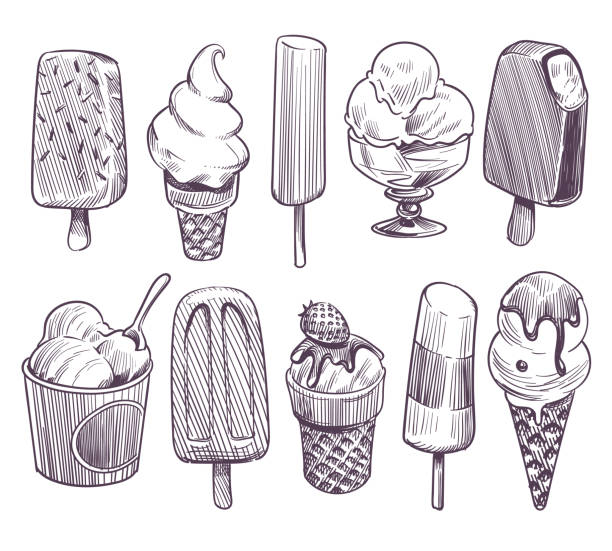 ilustrações de stock, clip art, desenhos animados e ícones de sketch ice cream. different bowls with ice cream, eskimo with chocolate glaze. wafer cone sundae whipped fruit cream. retro vector set - wafer waffle isolated food