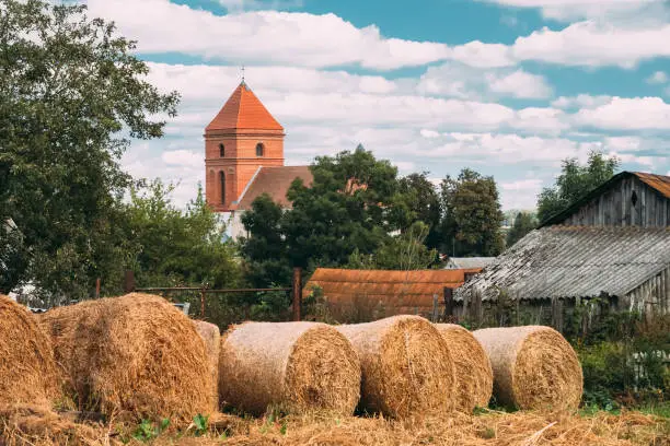 Photo of Mir, Belarus. Autumn Hay Bales And Saint Nicolas Roman Catholic Church On Background. Mir, Belarus. Cultural Monument And Famous Landmark