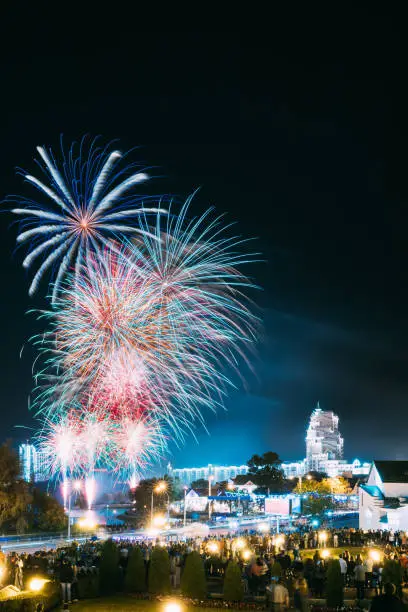 Photo of Minsk, Belarus. Festive Salute During Celebration Of The Day Of Minsk City. Summer Evening, Night Lights Illumination