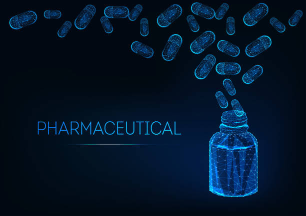 istock Futuristic pharmaceutical concept with medicament bottle and capsule pills on dark blue background. 1166056136