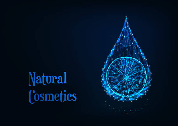 ilustrações de stock, clip art, desenhos animados e ícones de futuristic glowing low polygonal essential oil drop with lemon slice on dark blue background. - neon orange