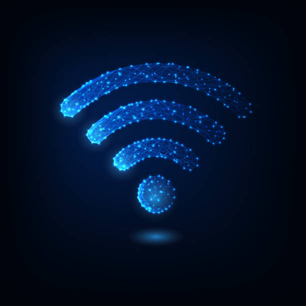 futurystyczny świecący symbol wifi o niskiej wielokątnej izolowanej na ciemnoniebieskim tle. - wireless technology stock illustrations