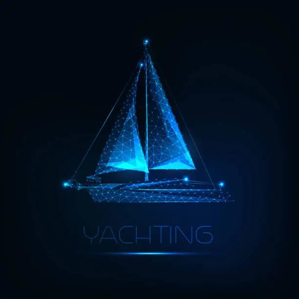 Vector illustration of Futuristic glowing low polygonal yacht boat isolated on dark blue background.