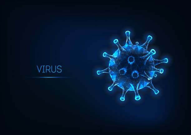 futuristische grippe-viruszelle isoliert auf dunkelblauem hintergrund. pathogene virusinfektion - influenza a virus stock-grafiken, -clipart, -cartoons und -symbole